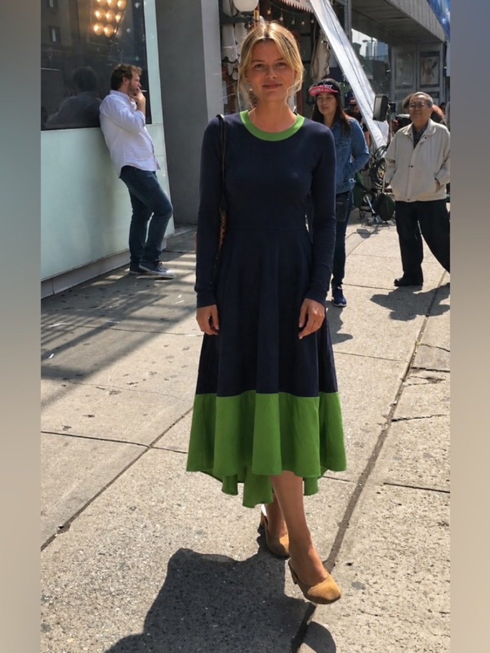 COS Navy Long-Sleeve Panelled Midi Dress with Green Trim